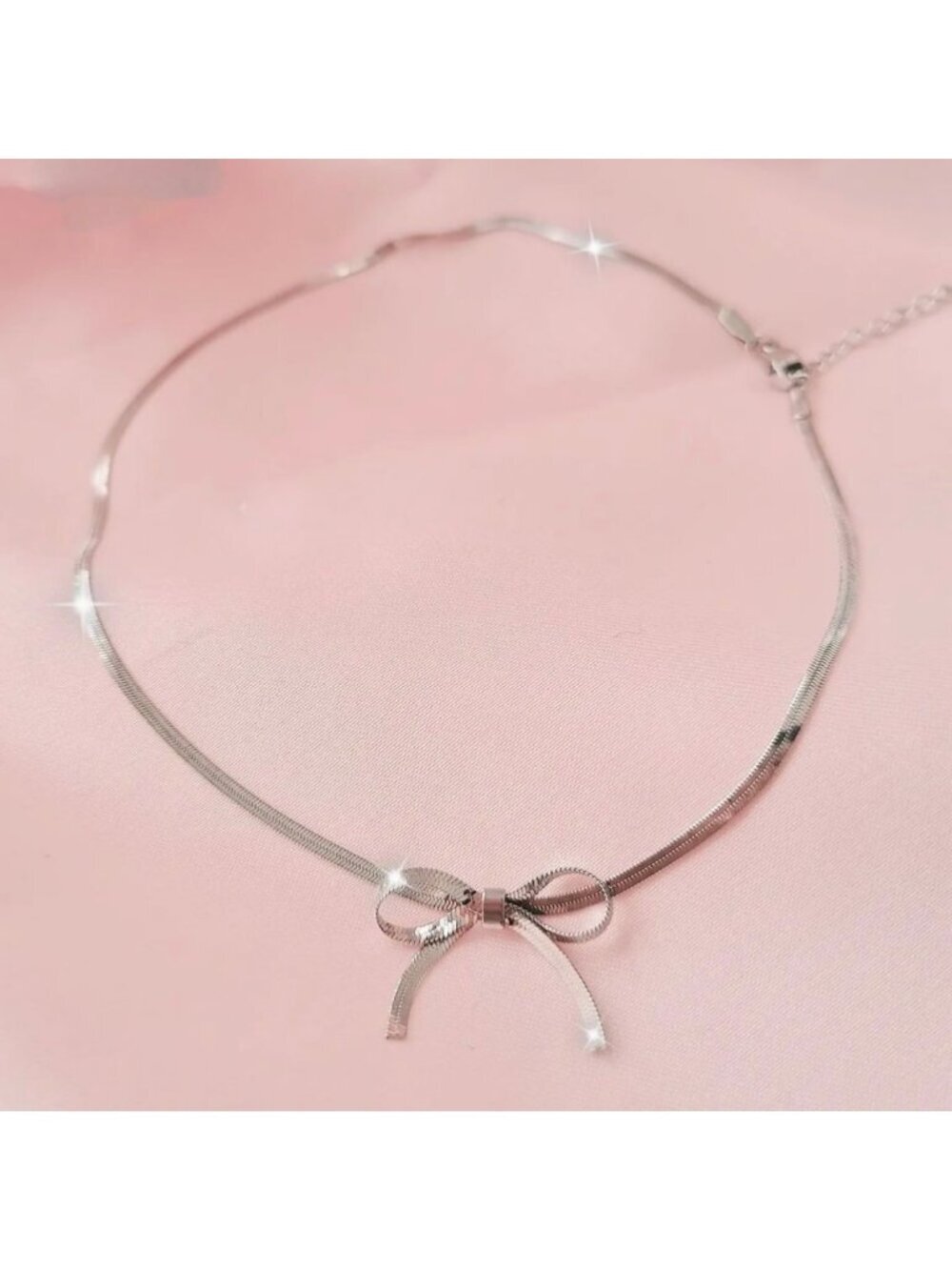 New Bow Choker Necklace Herringbone Chain Delicate Silver Plated Coquette